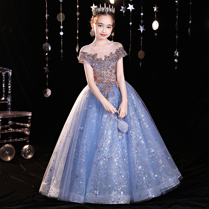 Tulle Little Girls Pageant Dresses Top Gold Sequin Or Length Blue Wer Girl Dress For Wedding Bow Sash Formal Kids Ball Gowns 403 6660311