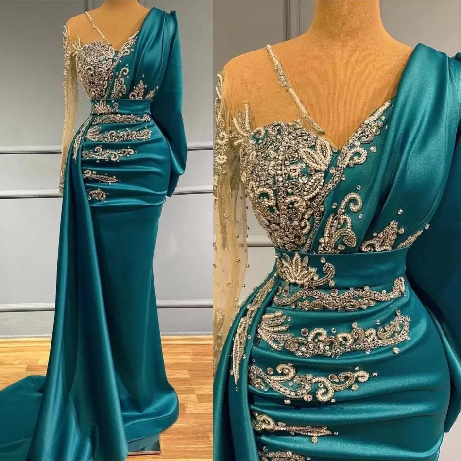 ful Mermaid Beaded Evening Dresses V Necke Long Sleeves Arabic Plus Size Prom Gowns Sequined Sweep Train Satin Formal Dress