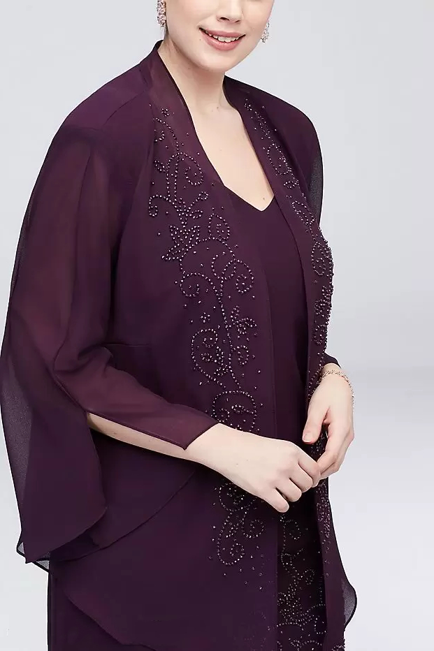 Elegant Tea Length Chiffon Mother Of The Bride Dresses Suits With Jacket Luxury Beaded Dusty Grape Wedding Guest Dress 2 Piece Groom Mothers Party Pro