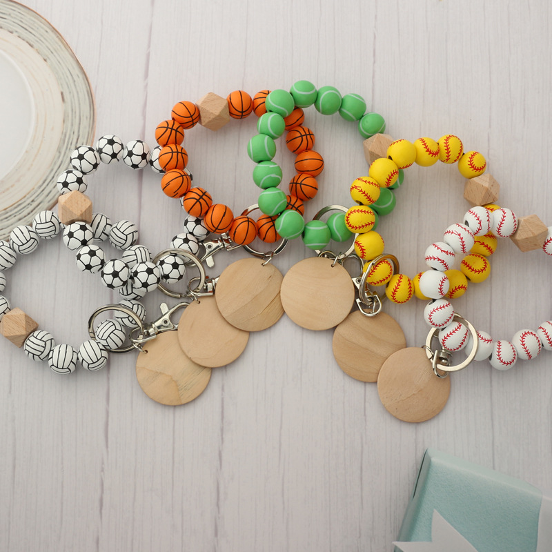 DIY Beaded Bracelet Keychain Pendant Party Favor Sports Ball Soccer Baseball Basketball Wooden Bead Bracelet 9 Colors