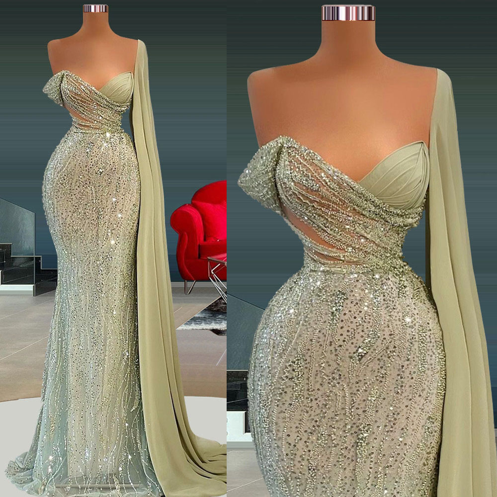 Green Mermaid Prom Dresses Sexy V Neck One Shoulder Sleeveless Satin Appliques Sequins Plus Size Elegant Prom Gowns Floor Length Custom Made Evening G