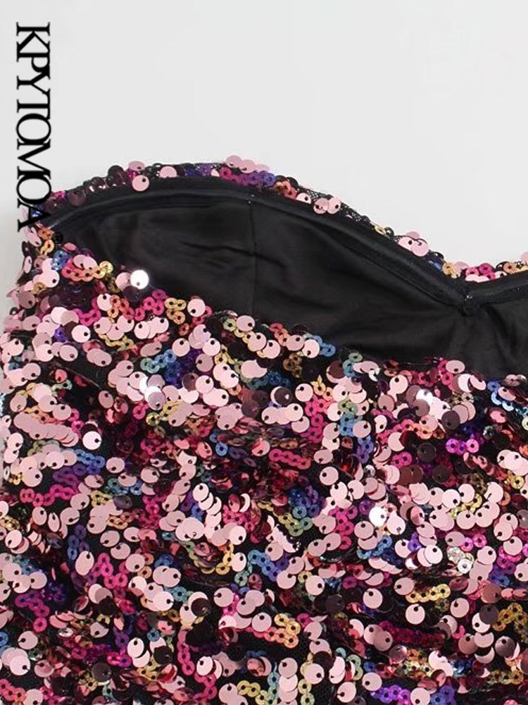 KPYTOMOA Women Sexy Fashion Shiny Sequin Crop Tank Tops Vintage Sweetheart Neck Back Elastic Female Camis Mujer 220325