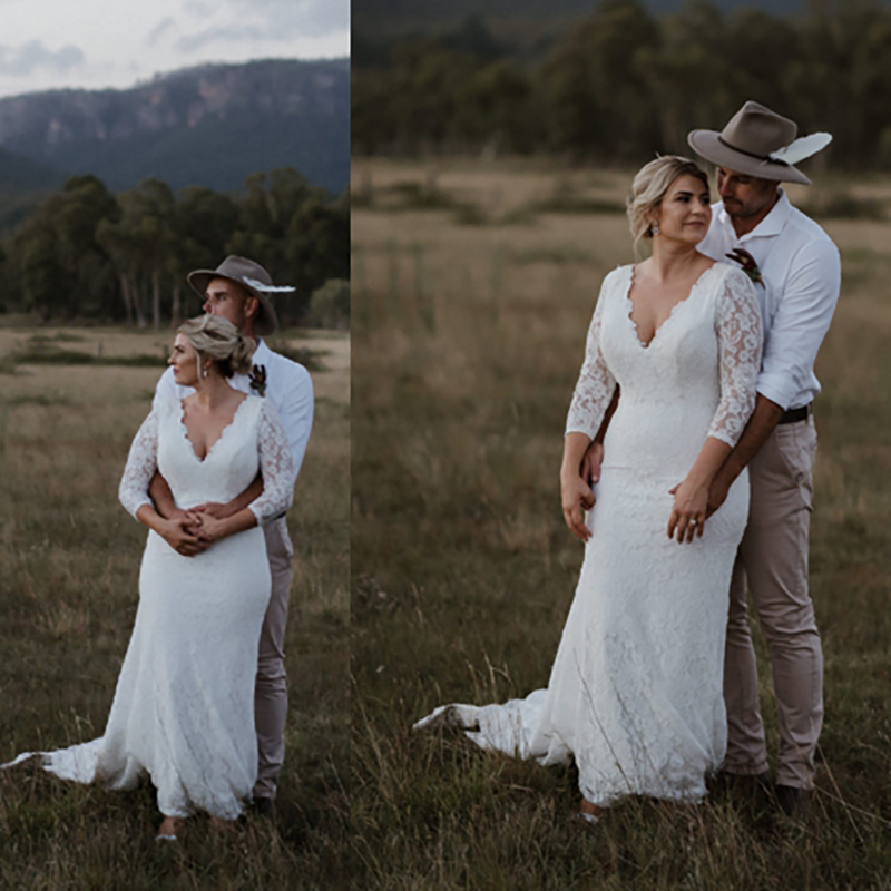 Country Lace Mermaid Wedding Dress Sexy Backless 3/4 Long Sleeve Bridal Gowns V-neck Plus Size Bride Wedding Dresses 2022