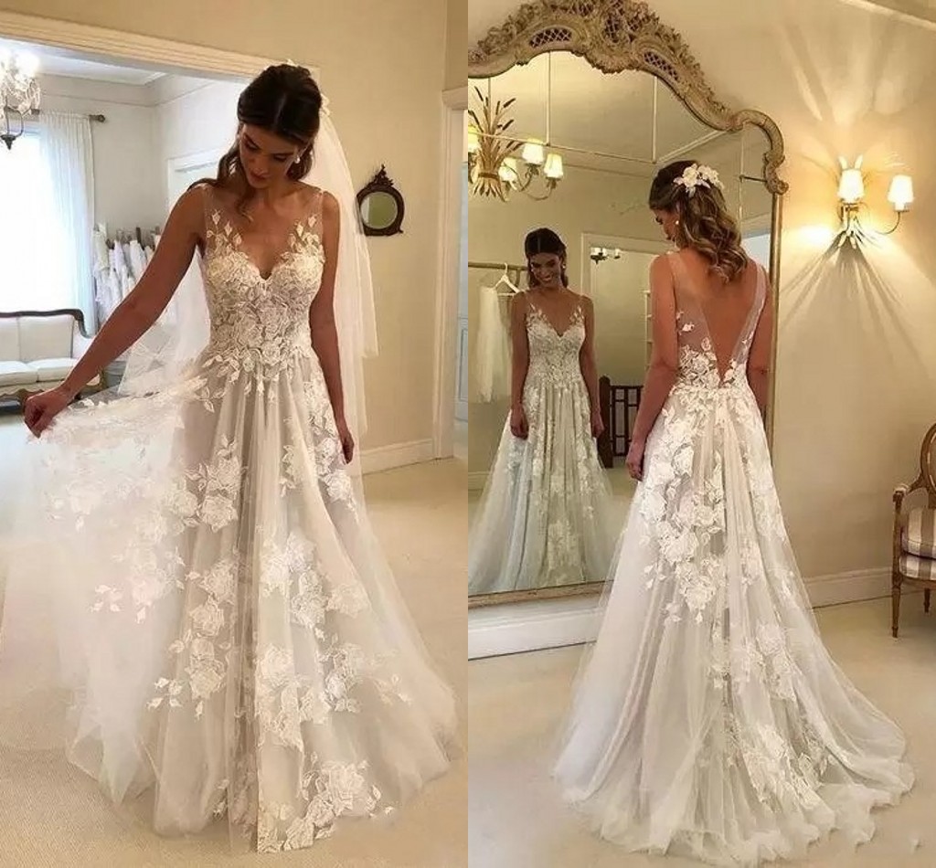 Sexy Backless Summer A Line Wedding Dresses Sheer Strap V Neck Appliques Tulle Floor Length Bohemian Bridal Gowns Robe de mariage, Red
Sexy Backless Summer A Line Wedding Dresses Sheer Strap V Neck Appliques Tulle Floor Length Bohemian Bridal Gowns Robe de mariage, Red
