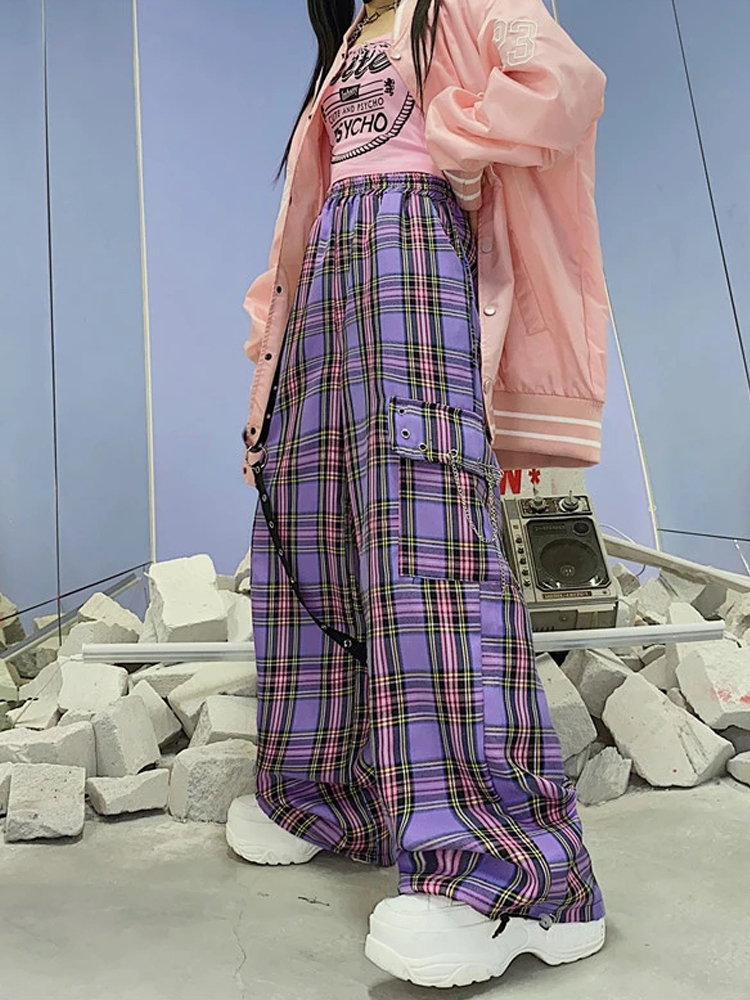 QWEEK Mall Goth Y2K Cargo Pant Hippie Purple Plaid Harajuku Streetwear Chain Checked Trousers Famale High Waist Aesthetic 220325