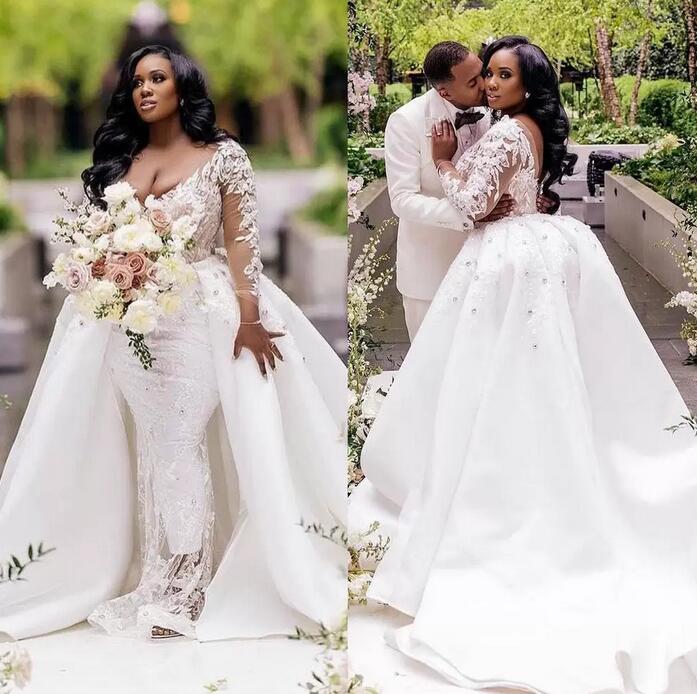 Sexy Plus Size Illusion Mermaid Wedding Dress With Detachable Train V Neck Applique Crystal Full Sleeve Saudi Arabic Bridal Gown