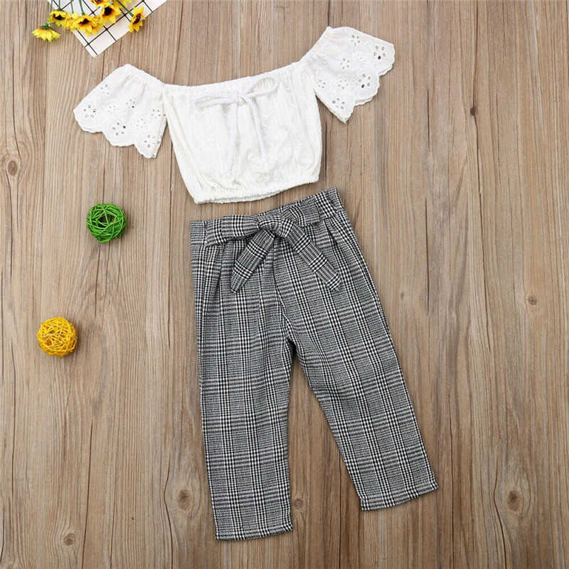 Toddler Kids Baby 2-7T Girls Clothes set Summer Off Shoulder Lace Crop Top and long Pants Cute lovely Sweet Streetwear outfits