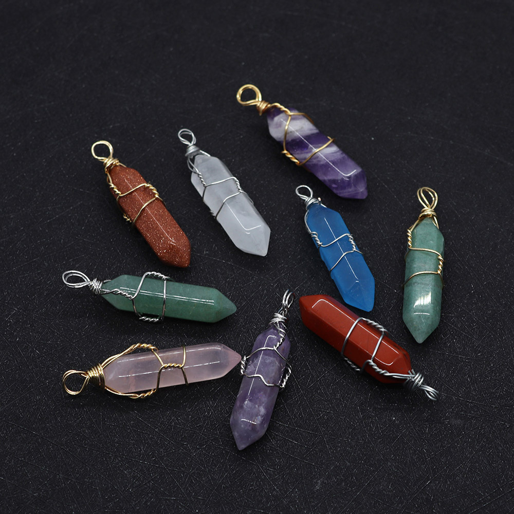 Natural Stone silver gold Wire Wrapped Quartz Hexagonal Prism Healing Crystal Charms Pendants For Diy Earrings Necklace Jewelry Making