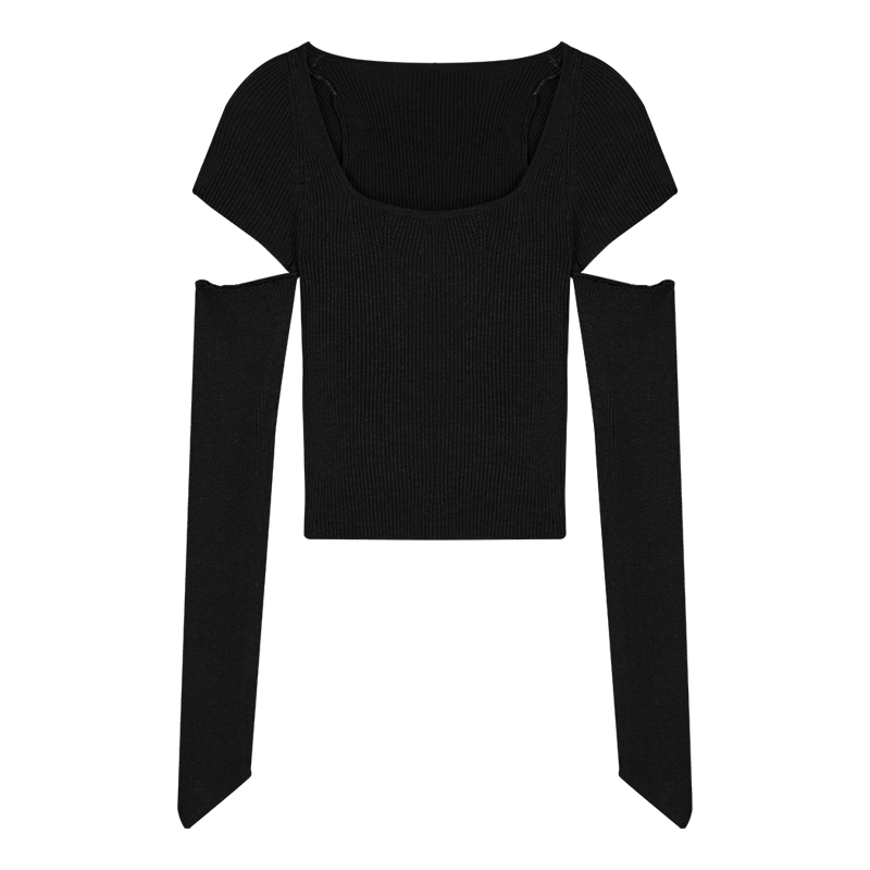 Y2k Knitted T-shirt Women's Fall/winter Square Neckline, Black Tight-fitting Hollow Out Short, Inner Sweater Tops 220321