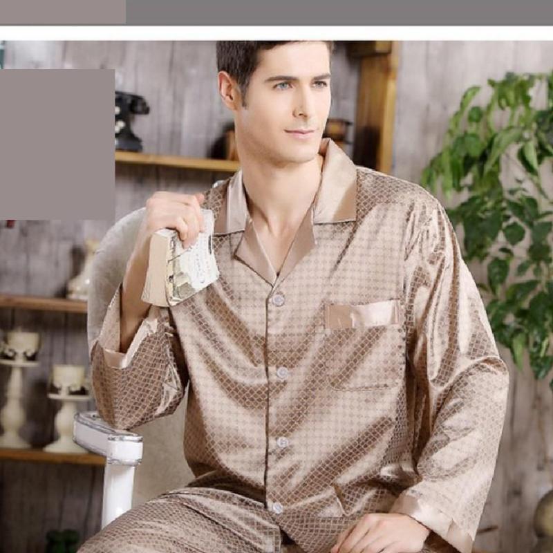 Men's Sleepwear Luxury Silky Satin Pajamas Set Men Printing Spring Autumn Pyjamas Male Fashion Casual Long-sleeved Trousers HomewearMen's