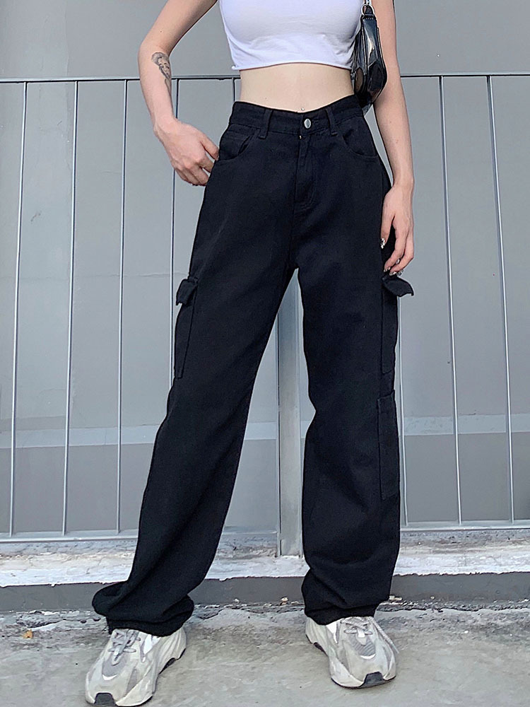 Weekeep Fashion Streetwear Women Jeans Pocket High Waist Jeans Korean Casual Straight Harajuku Denim Pants Baggy Cargo Pants 220701