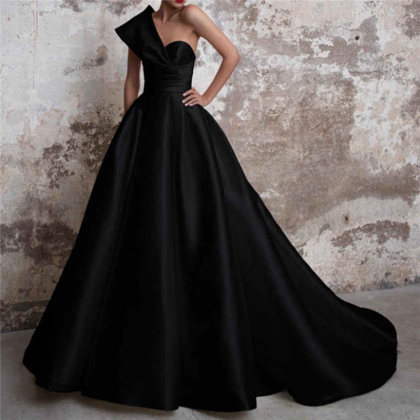 Elegant Satin Evening Prom Dresses Long 2022 Black Formal Gowns One Shoulder Abiye Gece Elbisesi Robes De soirée Vestidos Festa 2022