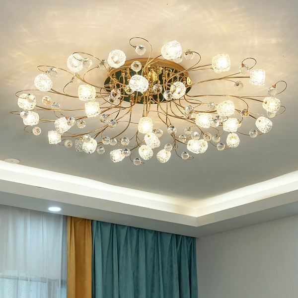 European modern luxury ceiling lights with crystal design for living rooms, bedrooms, and restaurants, featuring Nordic style and glass shade with LED illumination