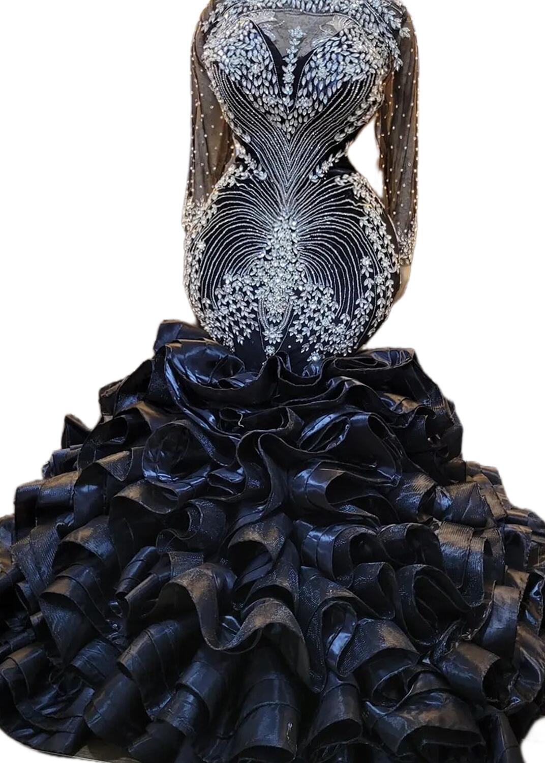 Black Sparkly Crystal Mermaid Prom Dresses Real Image Long Sleeve Ruffles Train Arabic Aso Ebi Evening Engagement Second Gowns Plus size