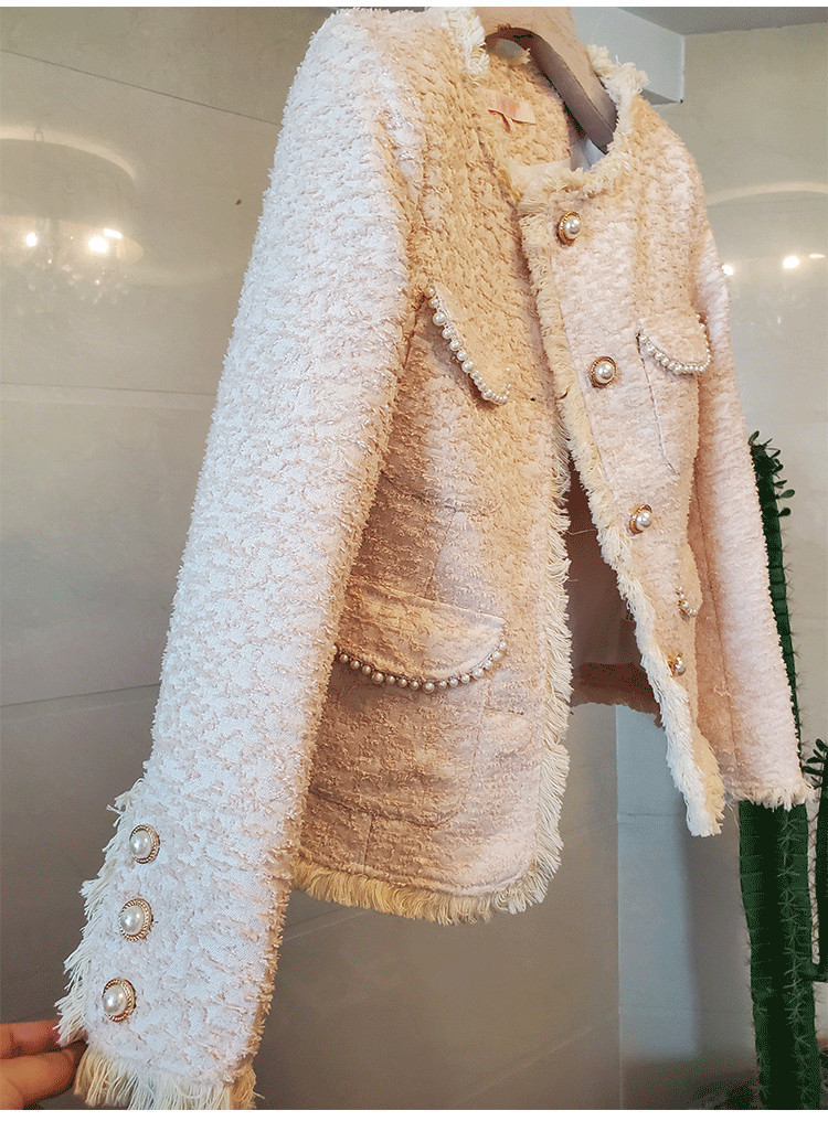 New Autumn fashion womens o-neck tassel fringe single breasted tweed woolen beading jacket coat plus size casacos SML