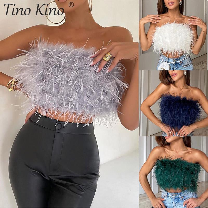 Sexy Women Furry Crop Top Camis Ostrich Feather Tank Tunic Vest Female Sleeveless Bra Party Ladies Tube Cropped Corset 220316
