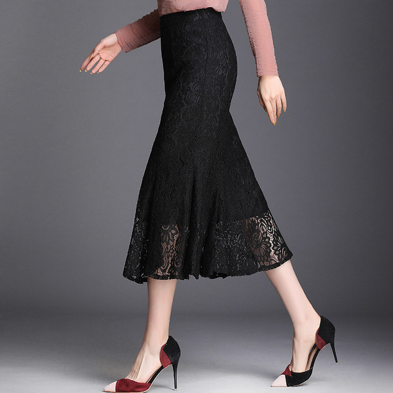 Women's Skirt Elegant Vintage Office Ladies All-match Lace Mermaid Skirts High Waist Zipper Bud Trumpet Midi 220322