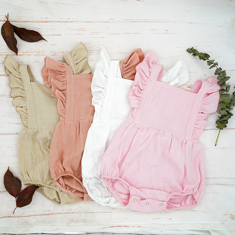Baby Girl Romper Clothes Linen Summer Fashion Children's Kids Solid Color Clothing Light Pink Jumpsuit Cotton Puff Sleeve Roupas 220426