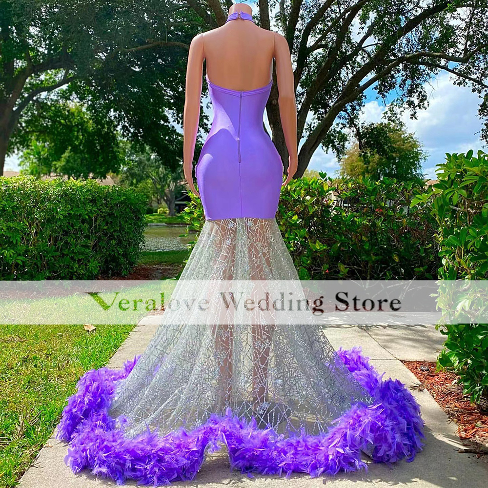 Sparkly Purple Mermaid Prom Dress With Feather 2k22 Pop Girls Birthday Party Gowns Gala Meet Graduation Wear for Evening