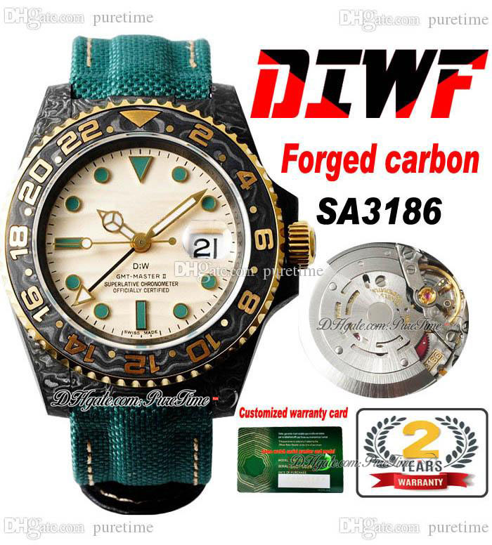 DIWF GMT II SA3186 Automatic Mens Watch Carbon Fiber Case Yellow Gold Bezel Beige Dial Green Nylon Strap Super Edition Puretime E5
DIWF GMT II SA3186 Automatic Mens Watch Carbon Fiber Case Yellow Gold Bezel Beige Dial Green Nylon Strap Super Edition Puretime E5