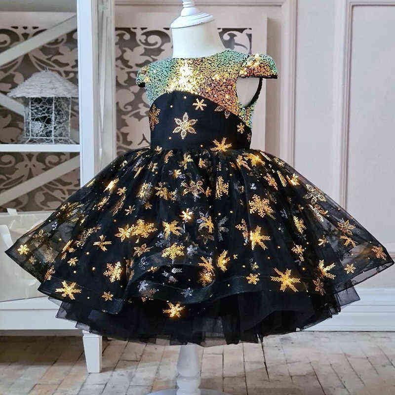Girls Golden Sequin Shiny Tutu Dress Kids Snowflake Christmas Princess Costume for Evening Children Birthday Party Clothes 4-10T Y220510