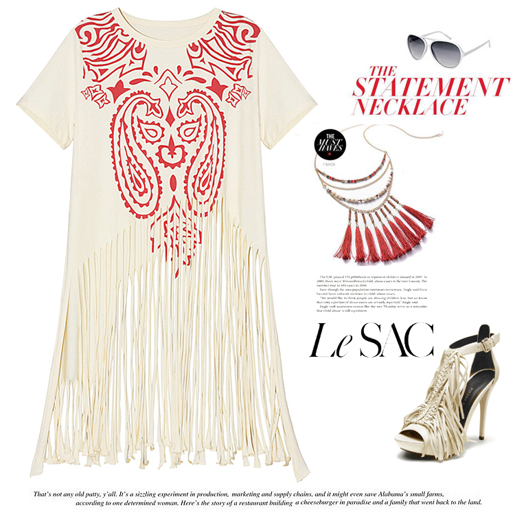 New fashion womens o-neck short sleeve geometric print medium long tassel fringe t-shirts plus size tees SML