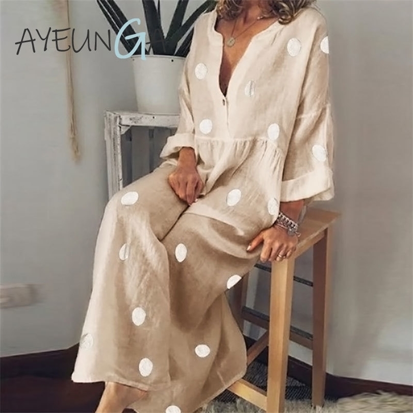 Polka Dot Maxi Dress VNeck Long Sleeve Casual Boho Beach Plus Size Women Fashion Elegant Button Down Loose Office Dress T200604