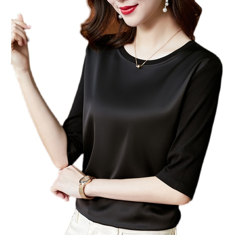 Summer Korean Fashion Silk T shirts for Women Vintage Satin Tops Long Sleeves Loose Office Lady Shirts 220714