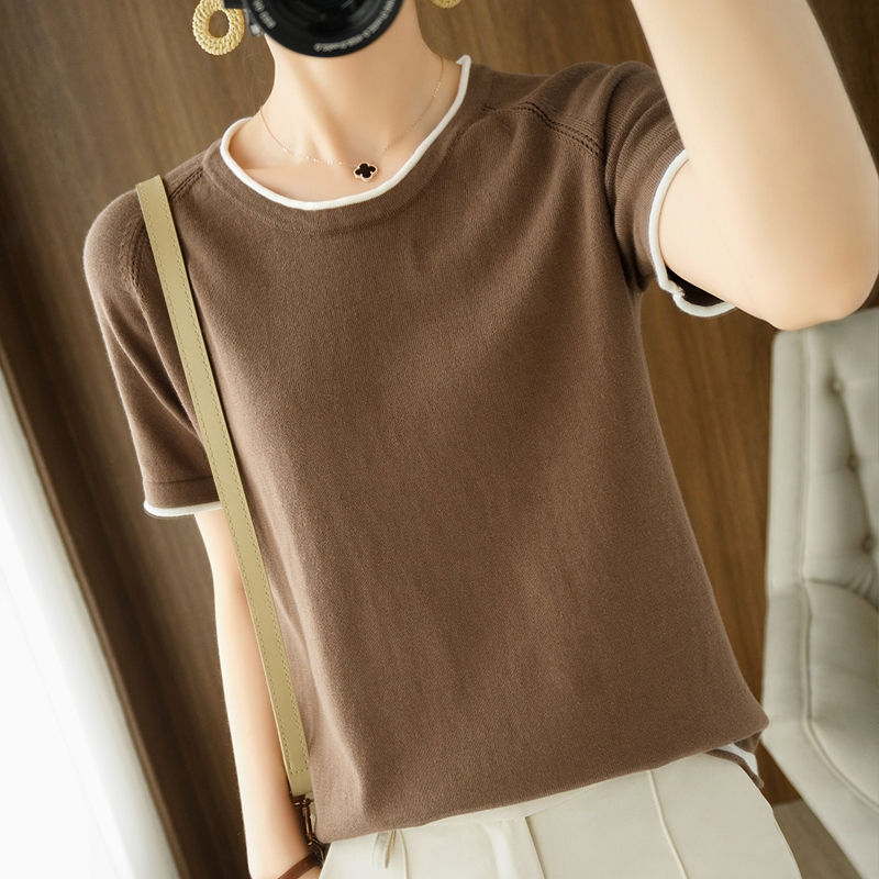 T-shirt women round neck sweater casual top tees slim Korean pullover large size cotton short sleeve 220328