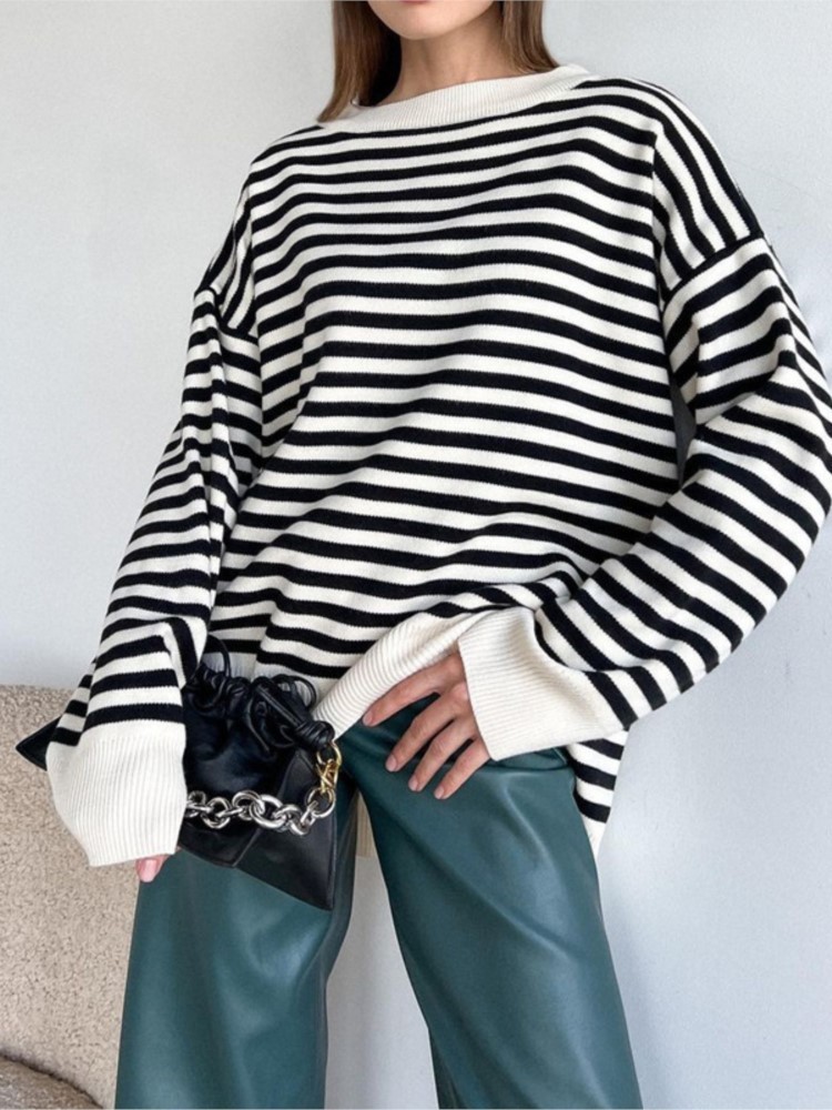 O Neck Vintage Striped Sweater Pullovers For Women Casual Loose Long Sleeves Jumpers Autumn Female Drop Shoulder Kintting Tops 220817