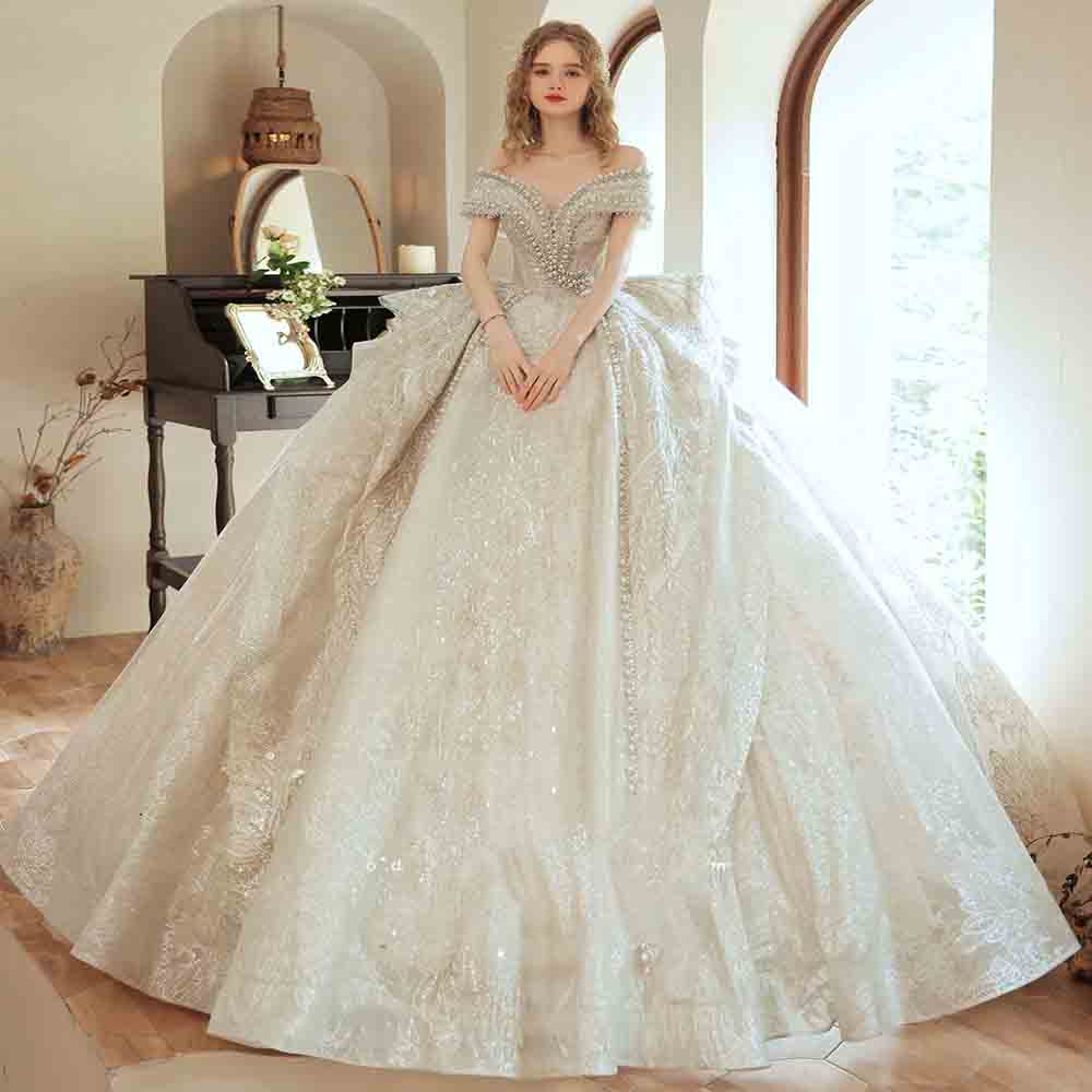 Luxury Heavy Beaded Arabic Wedding Dress Ball Gown Sparkly Pearls Sequin Princess Wedding Dresses 2022 Beading Lace Up Bride Dubai Church Country vest