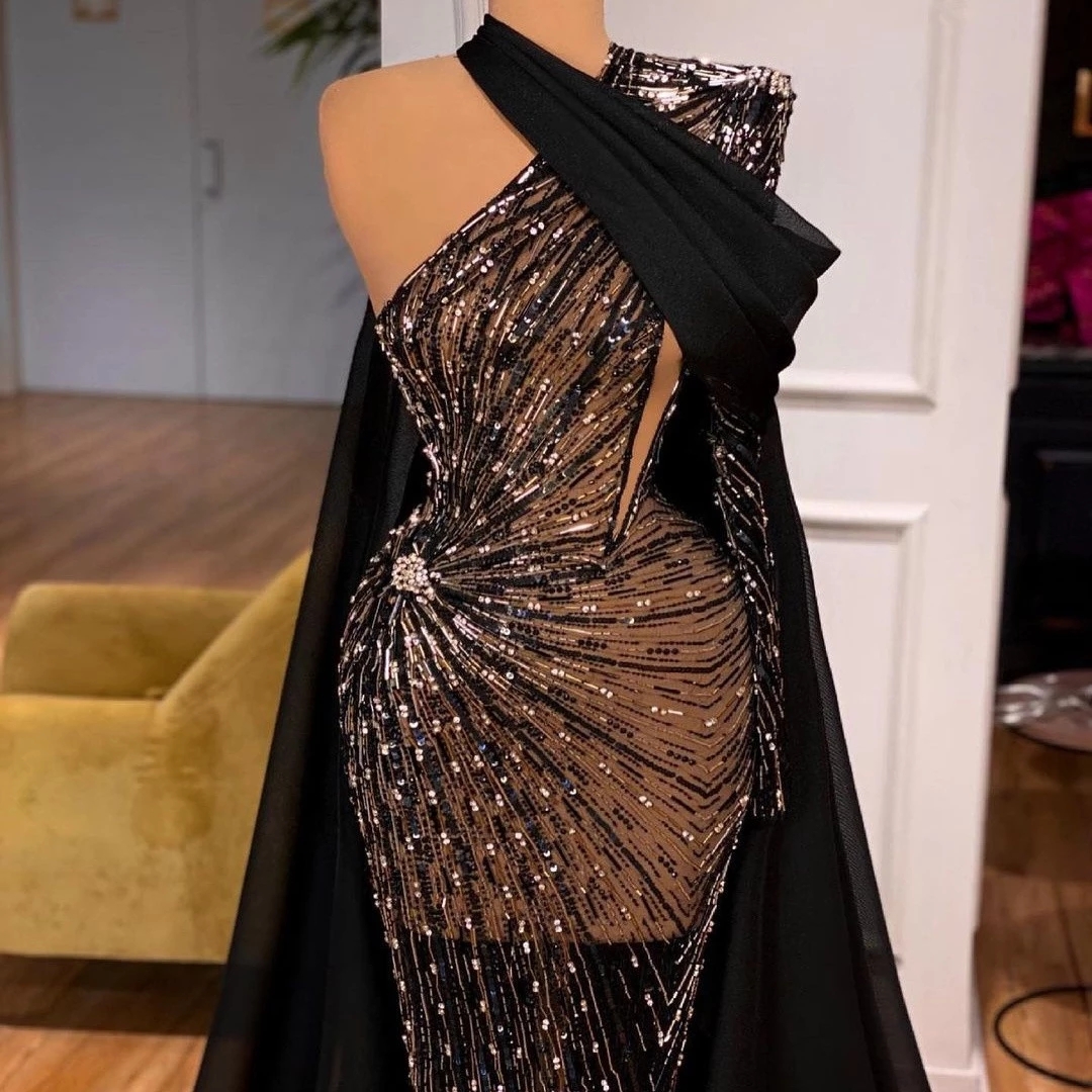 Charming One Shoulder Black Evening Dresses Sequined Crystals Party Gowns See Through with Wrap Floor Train Robe De Soriee