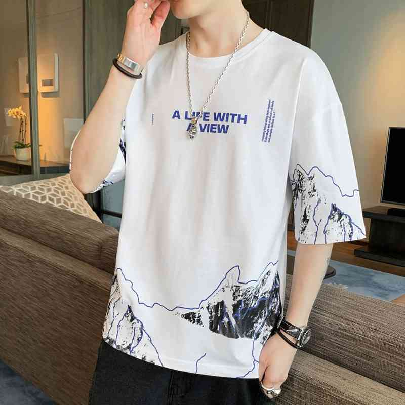 Men's short loose fashion brand summer thin pure cotton half round neck T-shirt five point sleeve upper garment men's, White
Men's short loose fashion brand summer thin pure cotton half round neck T-shirt five point sleeve upper garment men's, White