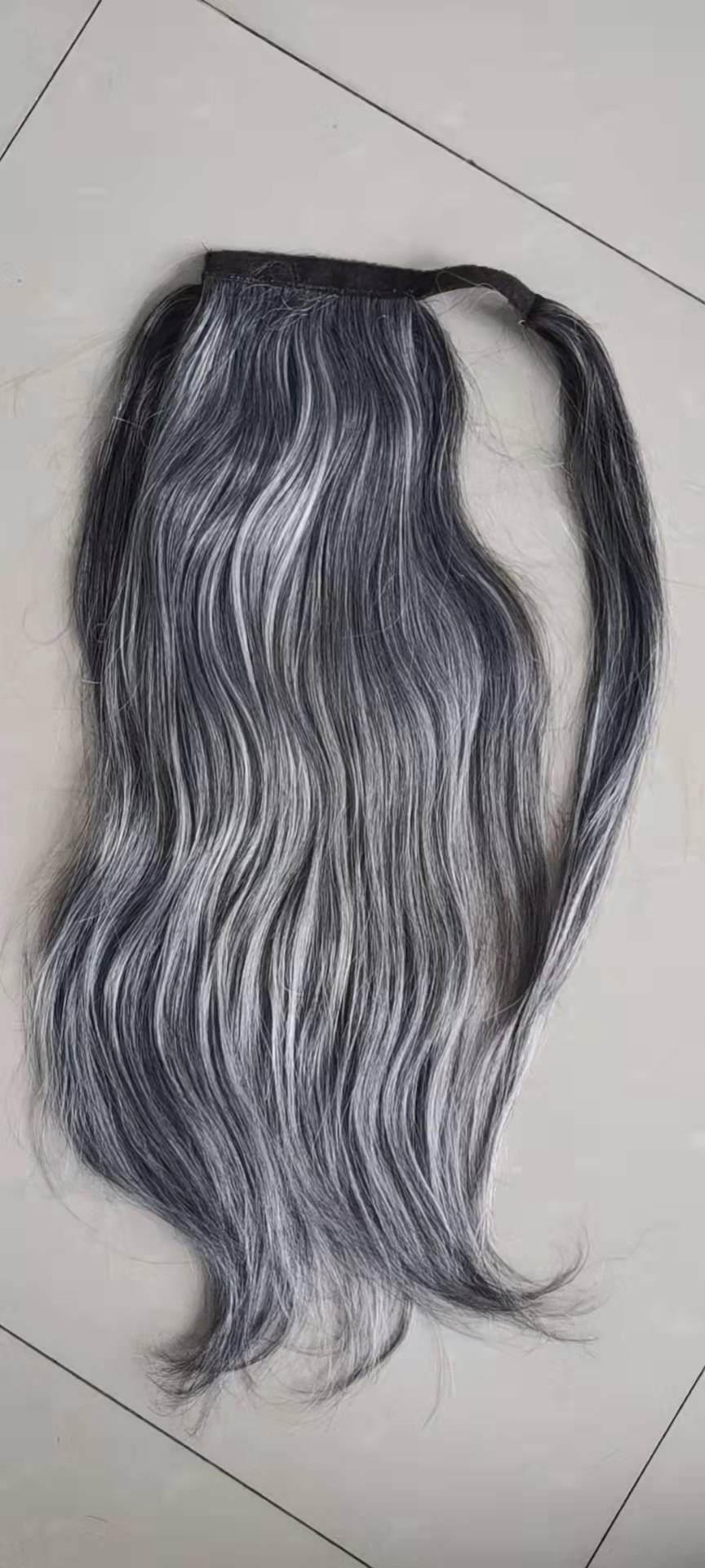 Salt and pepper silver grey ponytail hairpiece wraps gray straight Grey Hair Wrap Drawstring Clip Human seamless
