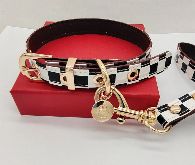 Classic Black White Plaid Collars and Leashes Set Soft Designer Leather Dog Collar for Small Dogs Poodie Chihuahua Pomeranian Yorkshire Outdoor Walk B