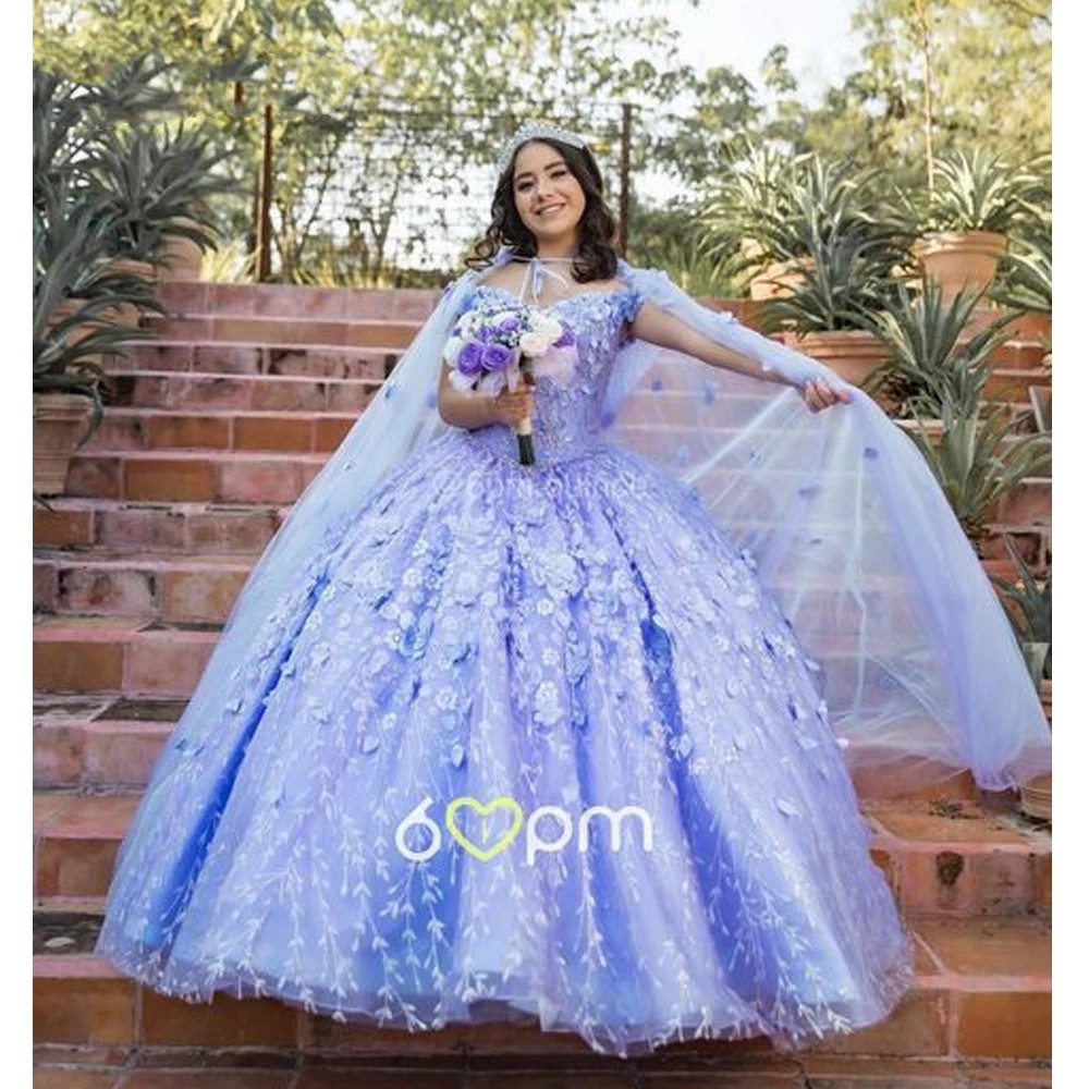 Lanvender Quinceanera Dresses with cape clock 3D floral Ruffles Sweetheart Lace-up Back Sweet 15 Princess Dress vestidos de quinceanera
