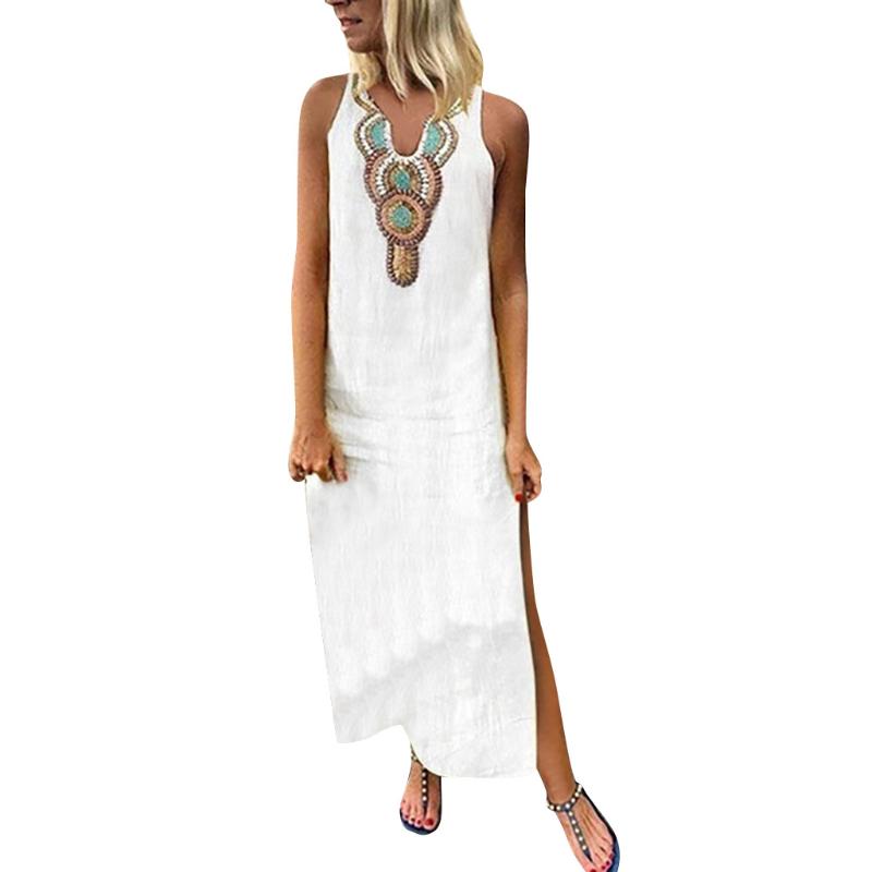 Casual Dresses Boho Women White Vintage Split Plus Summer Vacation Party Long Maxi Dress Sleeveless Sundress Kaftan