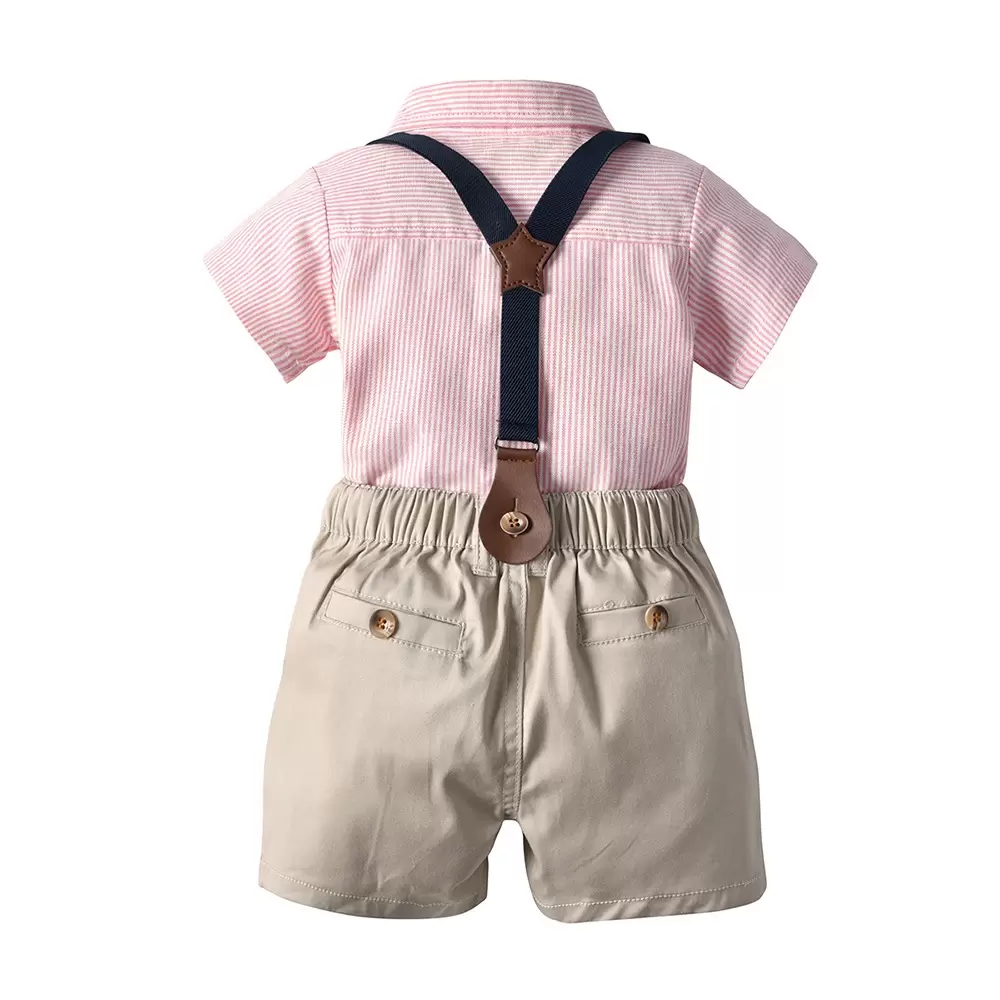 Boys performance sets children Bows tie stripe lapel short sleeve shirt suspender shorts 2pcs summer kids casual outfits