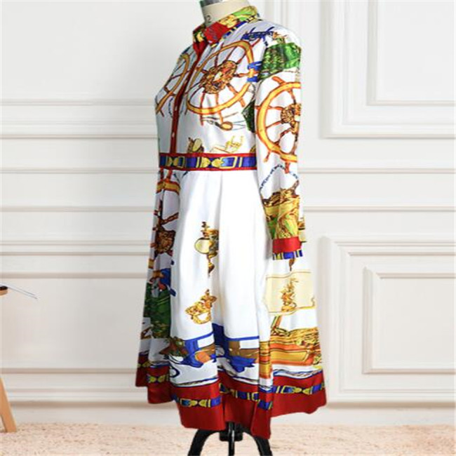 2022 Casual Dresses Spring Autumn Lapel Mid-Calf High Waist Dress Big Plus Size Geometric Printed Elegant Office Ladies Tunic Pleated Midi