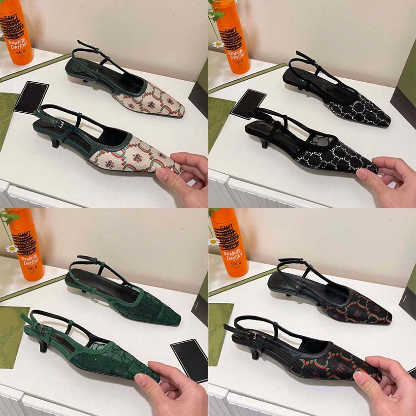 Designer Ladies Sandals Low Heel Slippers 2022 G Spring/Summer New Hot Rhinestone Cat Heel Empty Leather Female Mesh Baotou Middle Heel Slippers