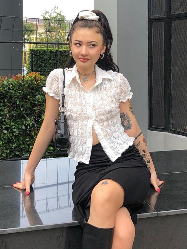 Top Women White Shirt Ruffle Lace See Through Blouses Turn Down Collar Shirts Short Sleeve Tees Street Clothing 220328