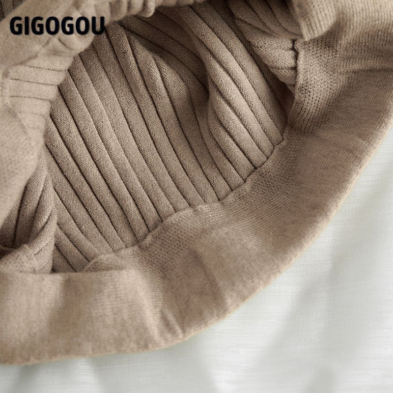 GIGOGOU Long Women Knitted A Line Skirts Autumn Winter Elastic High Waist Pleated Skirt Highstreet Midi Femme 220317