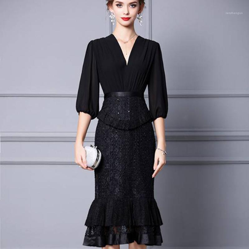 Casual Dresses Fashion Designer 2022 Autumn Women Black V-Neck High Quality Patchwork Slim Party Fishtail Dress, As pic
Casual Dresses Fashion Designer 2022 Autumn Women Black V-Neck High Quality Patchwork Slim Party Fishtail Dress, As pic