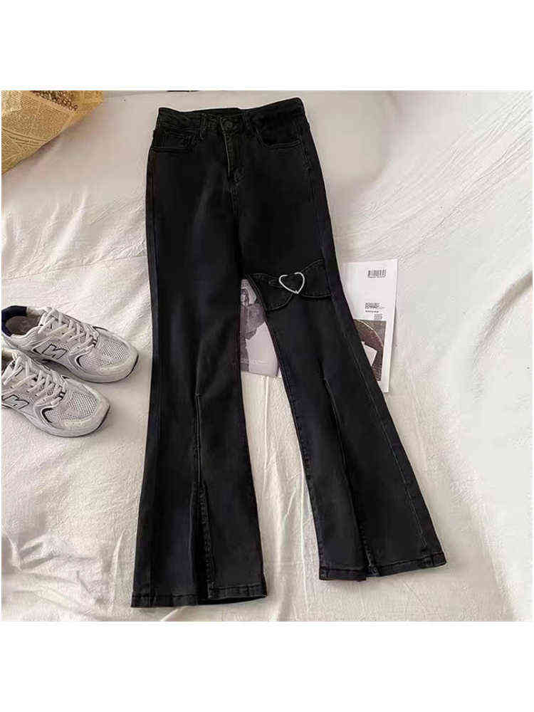 Love Decoration Black Slit Flared Denim Pants Women's Summer New Design Simple High Waist Straight Slim Jeans Female Trousers T220728