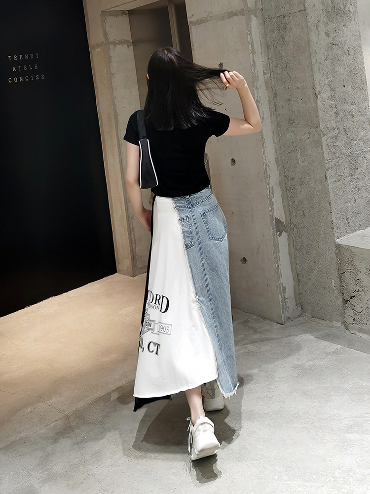 European station letter printing spell denim skirt women loose A type mid-length female temperament casual irregular 220322