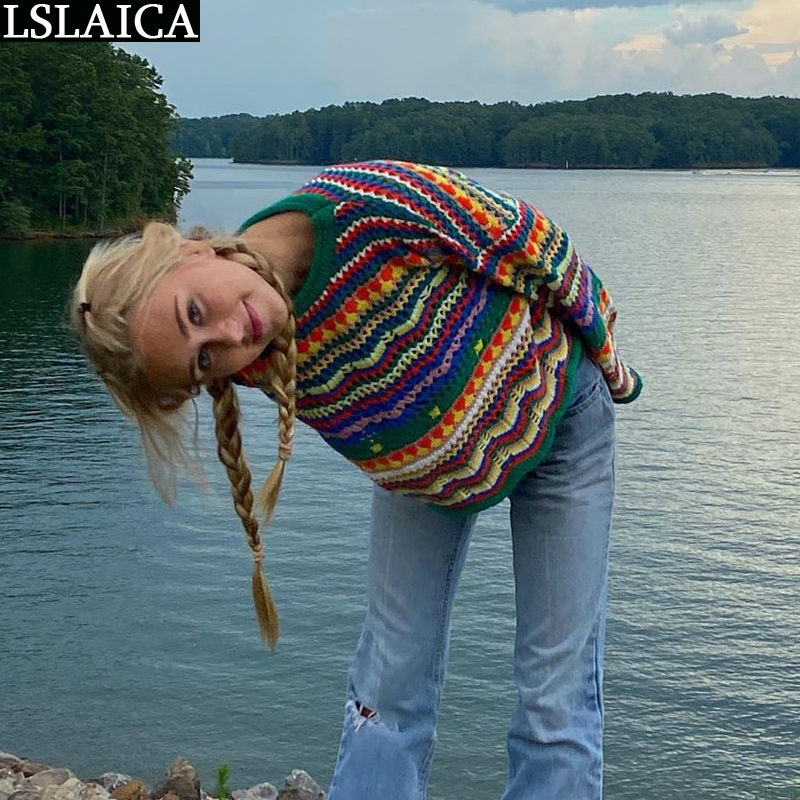 Sweater Women Long Sleeve Colorful Stripes Stitching O Neck Casual Sweaters For Knit Fashion Autumn Winter Loose 220810