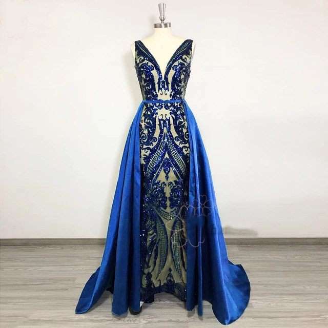 Sparkly Sequin Emerald Green Evening Dress With Detachable Train Arabic Dubai Mermaid Prom Dress 2 in 1 Plus Size V Neck Party African Women Vestidos 