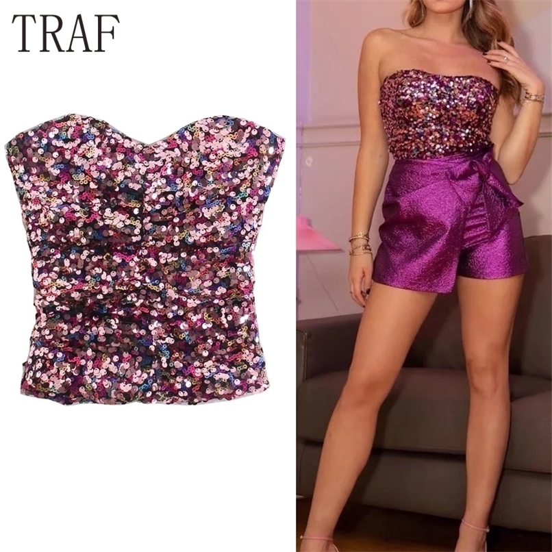 TRAF Cropped Sequin Top Woman Strapless Backless Tube Sexy Sleeveless Y2K Off Shoulder Corset Crop 220316