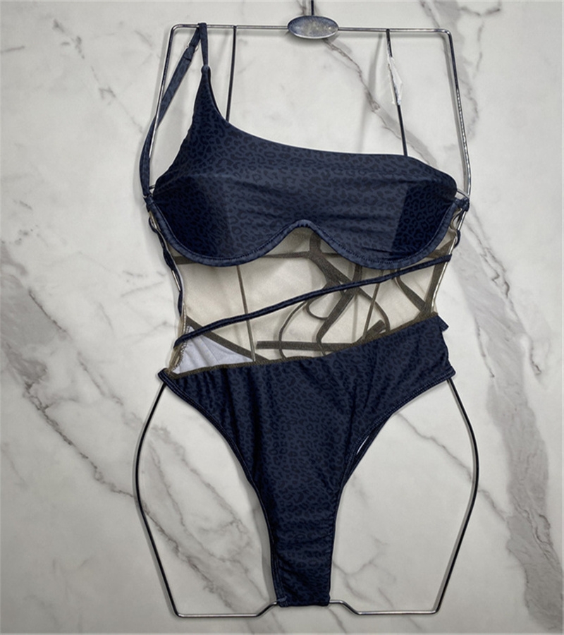 One Shoulder Leopard Swimsuits Padded Push Up Women's Swimwear Outdoor Beach Swimming Bandage One-piece Swimsuits