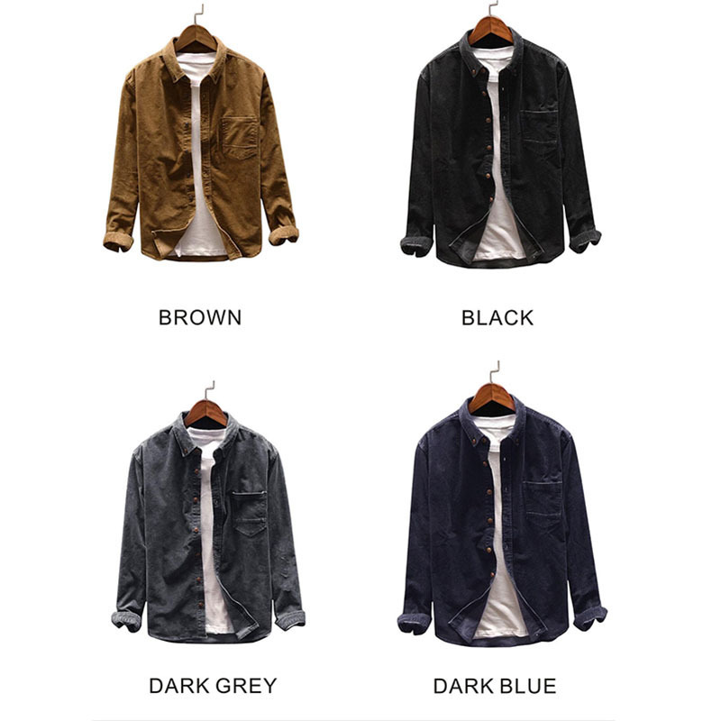 MODA VELOCE Flannel Shirt Men Long Sleeve Winter 4 Colors Corduroy Hip Hop Blouse 220322